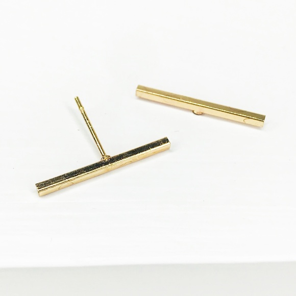 Gold Bar Stud Earrings - Picture 2 of 8